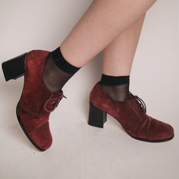 Vintage 90s Wine Suede Leather Lace Up Heel  OXFORDS - Picture 3 of 8